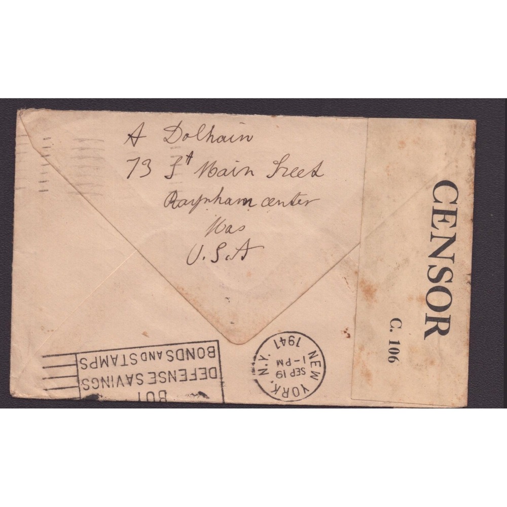 WWII 1941 Censored Cover Raynham MA to Paris France Service Suspended Stamps - Picture 2 of 2